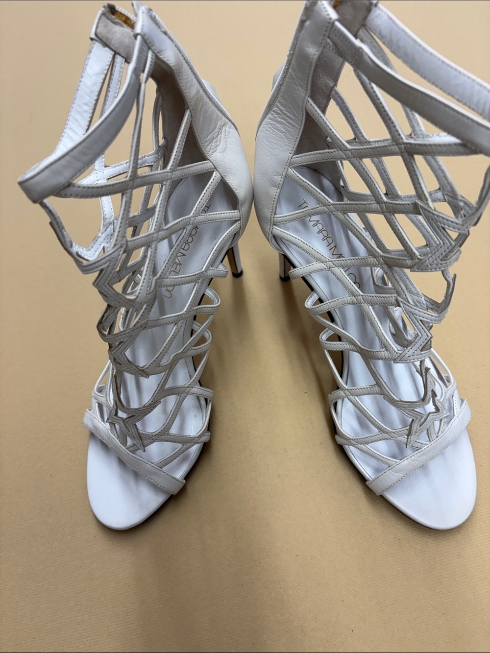 Tamara Mellon White Strappy Cage with Stars Stiletto Sandals
